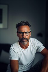 Obraz premium Portrait of a confident mature man wearing glasses and a white t-shirt inside a modern home setting.