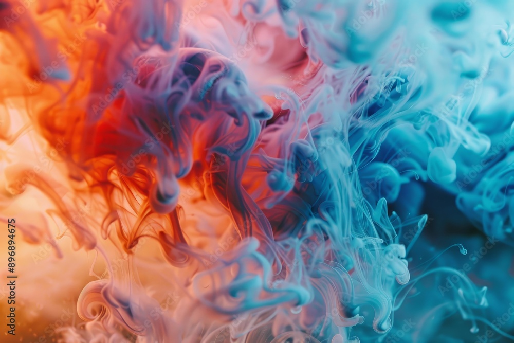 Poster vibrant blue and red smoke intertwining on a soft background, creating a mesmerizing abstract image