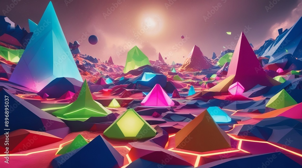 Poster abstract landscape with colorful 3d pyramids and geometric shapes under a gradient sky, presenting a