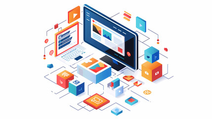 Obraz premium Office laptop, computer, pc, diversity and business people reading online report, website design feedback or research project. Collaboration, staff mentor and team designer working illustration.;