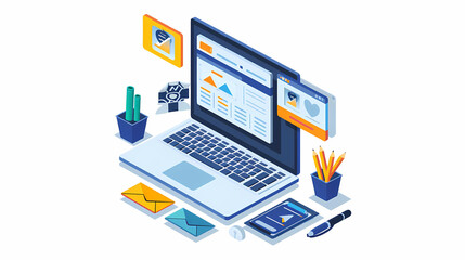 Office laptop, computer, pc, diversity and business people reading online report, website design feedback or research project. Collaboration, staff mentor and team designer working illustration.;