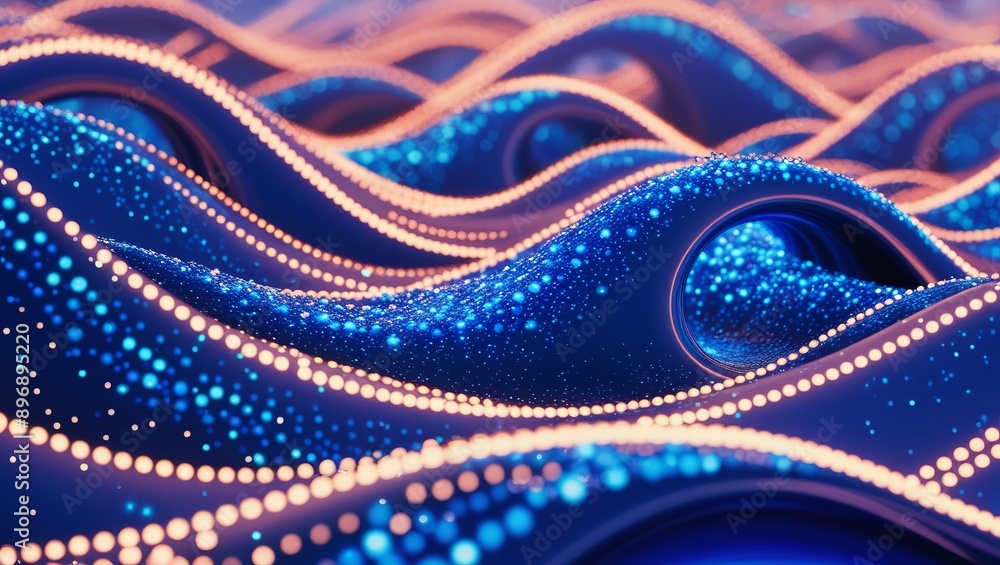 Poster abstract blue and orange waves with dotted patterns, representing dynamic movement and energy in a d