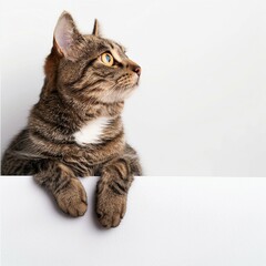 Tabby Cat Above White Banner on White Background with Text Space