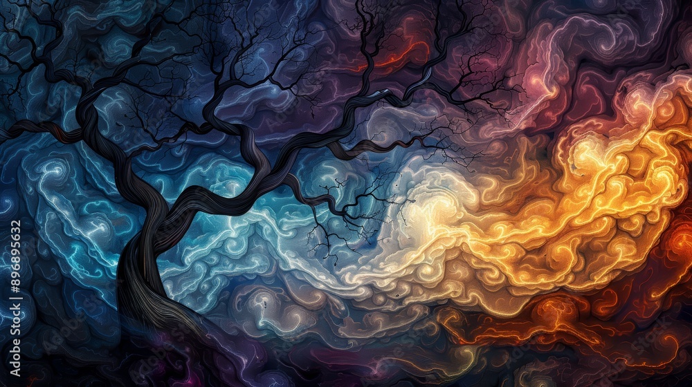 Poster abstract art of a tree with swirling colors and patterns