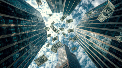 money falls from the sky between skyscrapers