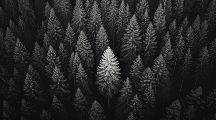 A single, bright fir tree stands out amidst a dark forest, seen from an aerial perspective.
