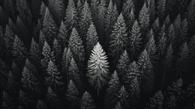 A single, bright fir tree stands out amidst a dark forest, seen from an aerial perspective.