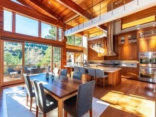 Fototapeta premium A large, open kitchen with a dining table and chairs