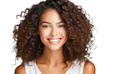 Portrait of a smiling woman wearing a white t-shirt isolated on transparent background.
