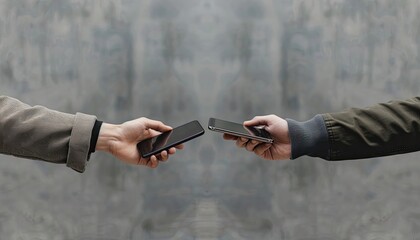 Two people holding cell phones in their hands, one of which is a flip phone