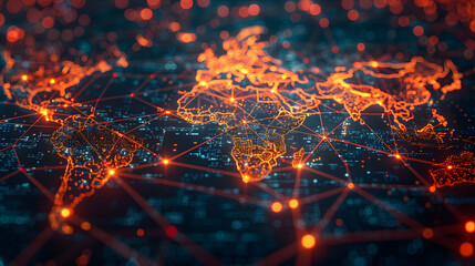 Digital world map with interconnected network glowing lights representing global communication, technology, and data synchronization.