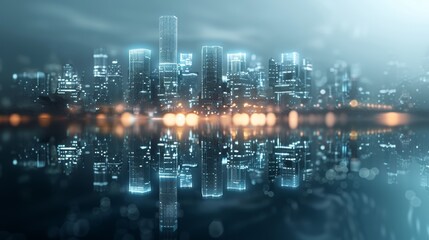Obraz premium A futuristic city skyline with glowing buildings reflected in a watery surface. The city appears to be made of data and technology.