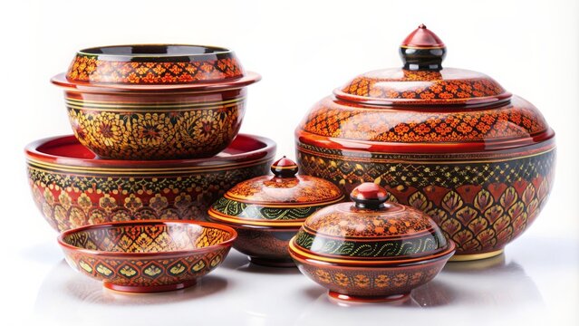 Thai lacquerware products on a white background, Thai, lacquerware, glossy, traditional, decorative, art, handcrafted