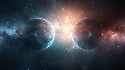 Two planets in a vast, star-filled galaxy, with a glowing nebula in the background.