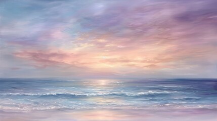Fototapeta premium A peaceful seascape with soft pastel clouds reflecting in the water at sunset.