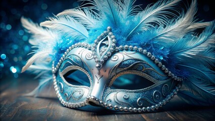 Blue masquerade mask with fluffy white feathers and silver glitter, masquerade, mask, blue, feathers, silver, glitter