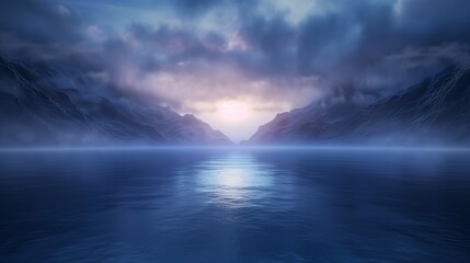 Fototapeta premium A serene landscape of misty mountains and a tranquil lake reflecting the glow of a distant sunset.