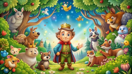 Fairytale hero enjoying a holiday surrounded by whimsical cartoon animals and fantasy elements, fairytale, hero, holiday