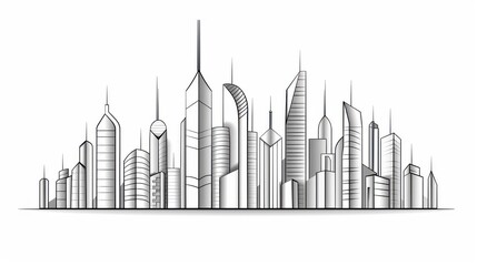 Obraz premium Elegant minimalistic line art depicts a bustling modern cityscape, featuring sleek apartment buildings and a panoramic skyline.