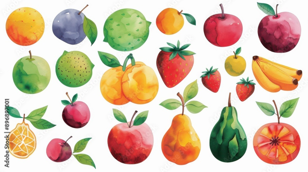 Wall mural Delight in this vibrant watercolor collection of handpainted fruits, showcasing their beauty against a clean white backdrop.