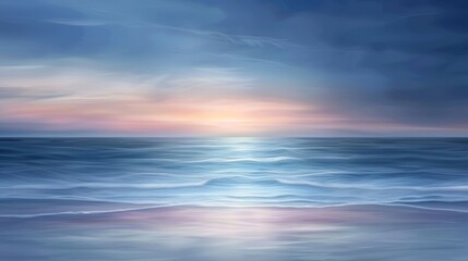 A serene seascape at sunrise, with a soft, pastel sky reflecting on the calm water.  The horizon blurs into the distant clouds.