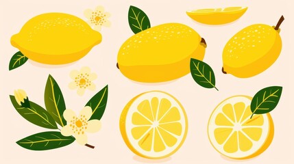 Vivid handdrawn lemons collection features whole and sliced fruit with branches, flowers, and leaves on a  background.