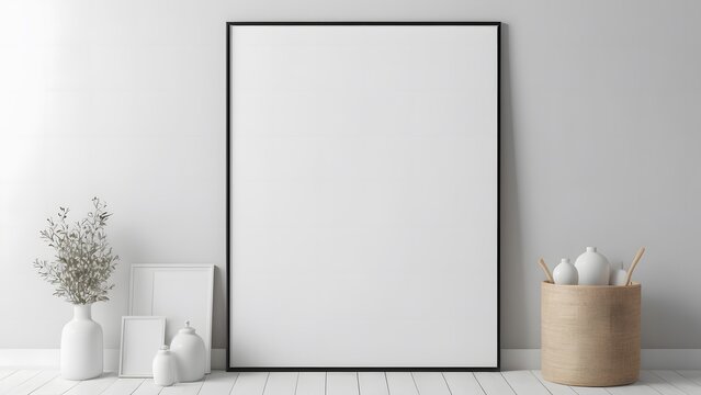 Mock up blank white poster frame close up stock photo. Photo frame with vase