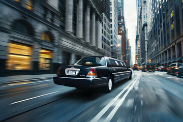 Luxurious Black Limousine Navigates Bustling Urban Streets Reflecting City's Grandeur and Sophistication