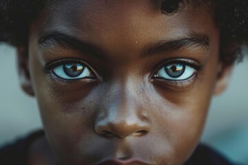 Closeup of a young child's face highlighting captivating blue eyes with a deep, thoughtful expression