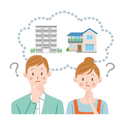	一軒家とマンション　購入か賃貸か迷う夫婦のイラスト
