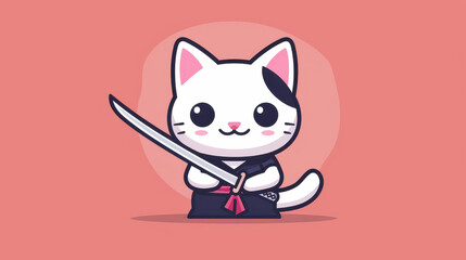 Adorable cat mascot dressed in traditional Japanese samurai attire, set against a minimalistic background.