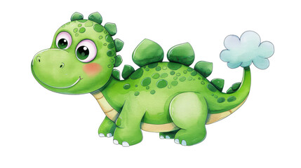 Fototapeta premium Adorable watercolor dinosaur illustration, vibrant colors on a clean white background, perfect for kids decor or storytelling.