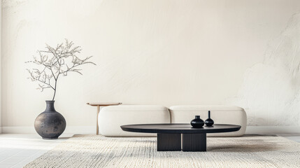 Minimalist interior design composition with Japanese or oriental minimal elements and ample copy space. Residential Real Estate interiors with minimal decor and furniture