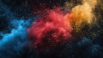 Vibrant Red, Blue, and Yellow Powder Explosion on Black Background. Abstract Colorful Dust Splash in Space with Bright Exploding Particles. Digital Art Texture of Color Chalk Paint Splatter.