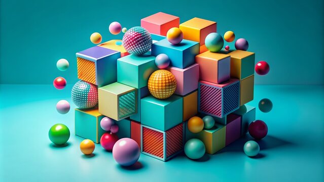 Vibrant abstract geometric composition featuring colorful three-dimensional cubes and spheres on a bright turquoise background, exuding modern visual appeal.