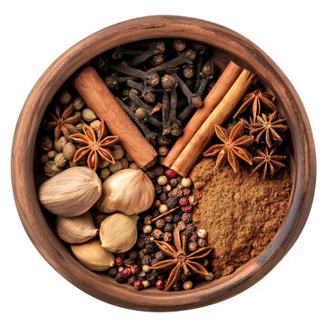 Top view of garam masala spices in an earthen pot isolated on transparent white background, clipping path