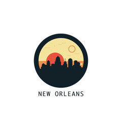 New Orleans skyline, downtown panorama logo, logotype. USA, Louisiana state round badge contour, isolated vector vintage pictogram with monuments, landmarks