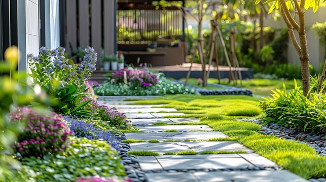 Landscaping in green home garden landscape design with plants and flowers at residential house