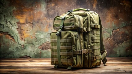 Modern olive drab military tactical backpack with multiple compartments and MOLLE system on a rustic stone background.