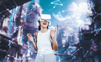 Female stand wear white VR headset and white sleeveless connect metaverse, future technology create...
