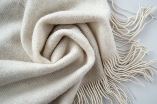 Studio photo of a beige thick woollen scarf on white background. Knitting and knitwear concept.