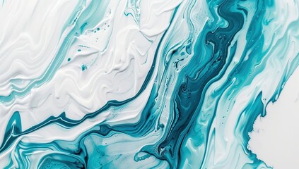 Obraz premium Teal and White Swirls in Fluid Acrylic Painting. Abstract Organic Shapes and Fluid Lines on White Background. Dynamic and Artistic Expression of Color and Movement.