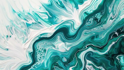 Obraz premium Teal and White Swirls in Fluid Acrylic Painting. Abstract Organic Shapes and Fluid Lines on White Background. Dynamic and Artistic Expression of Color and Movement.