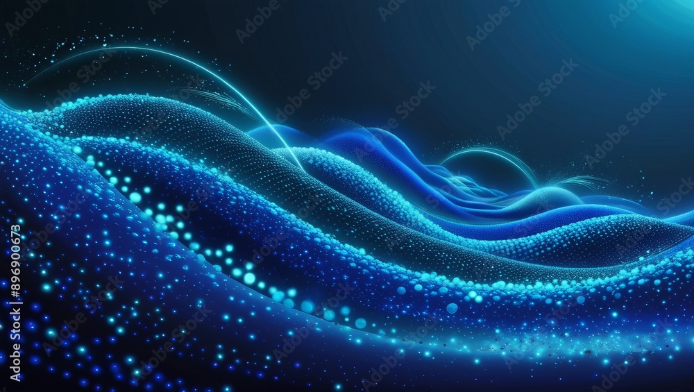 Poster digital abstract art depicting blue waves with dots, creating a sense of depth and movement in a fut