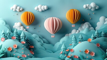 beautiful papercut art of hot air balloons flying over the valley, surrounded by trees and hills in pastel colors