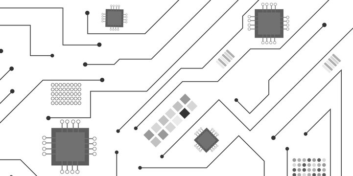Technology connected black and white lines with electronics elements on tech bg. Circuit connected lines and dots on abstract motherboard.