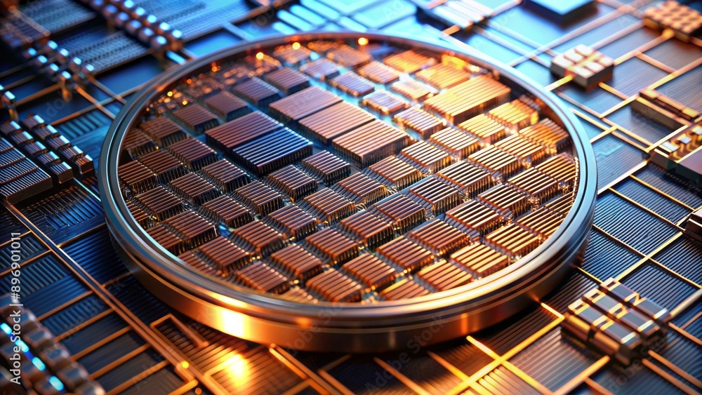 Poster microscopic view of intricate silicon wafer with gleaming copper circuits, illuminating futuristic a