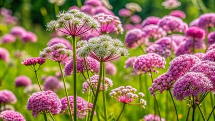 Obraz premium Vibrant pinkish-purple chenille-like flowers bloom on delicate white umbelliferous stems amidst lush green foliage in a sunny meadow setting.