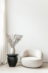 Elegant interiors design composition in soft colors with minimal furniture and natural lighting. Minimalist Real Estate interiors composition with copy space.