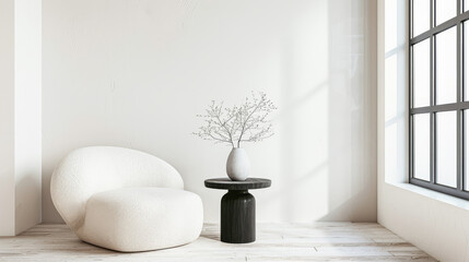 Elegant interiors design composition in soft colors with minimal furniture and natural lighting. Minimalist Real Estate interiors composition with copy space.